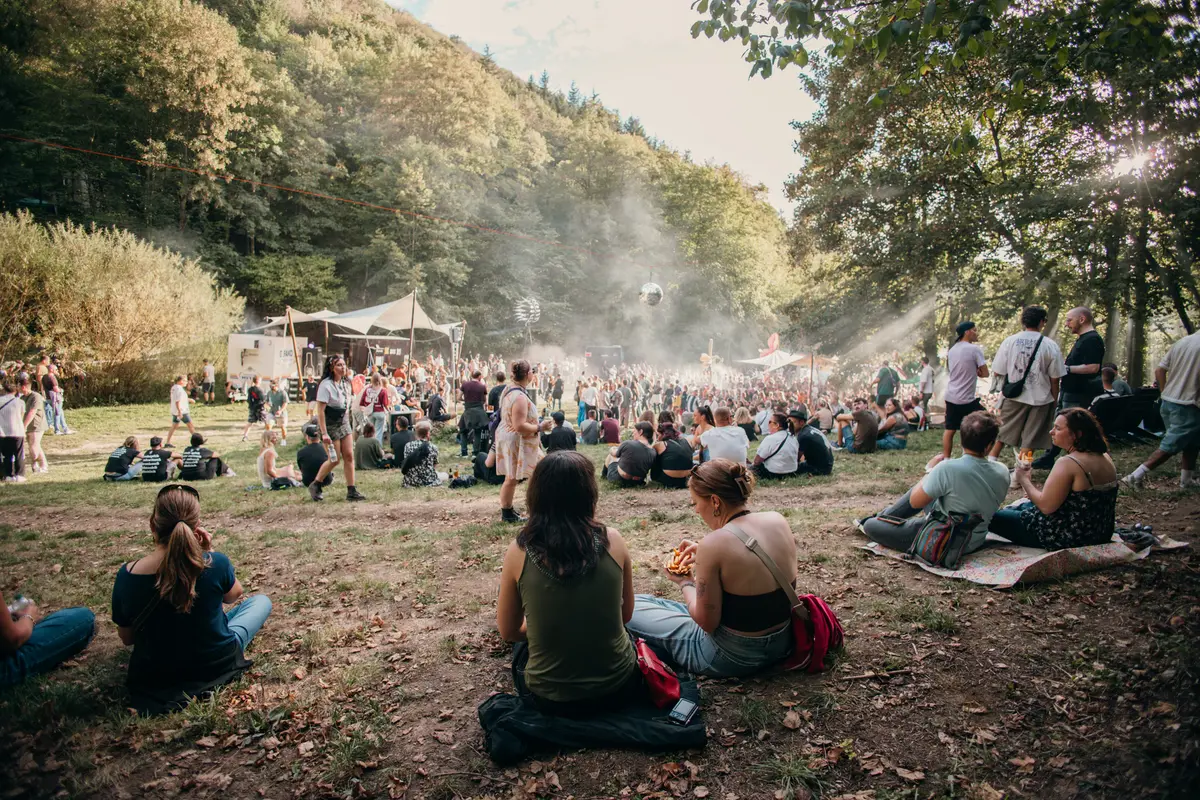 Besucherinnen und Besucher auf der Wiese